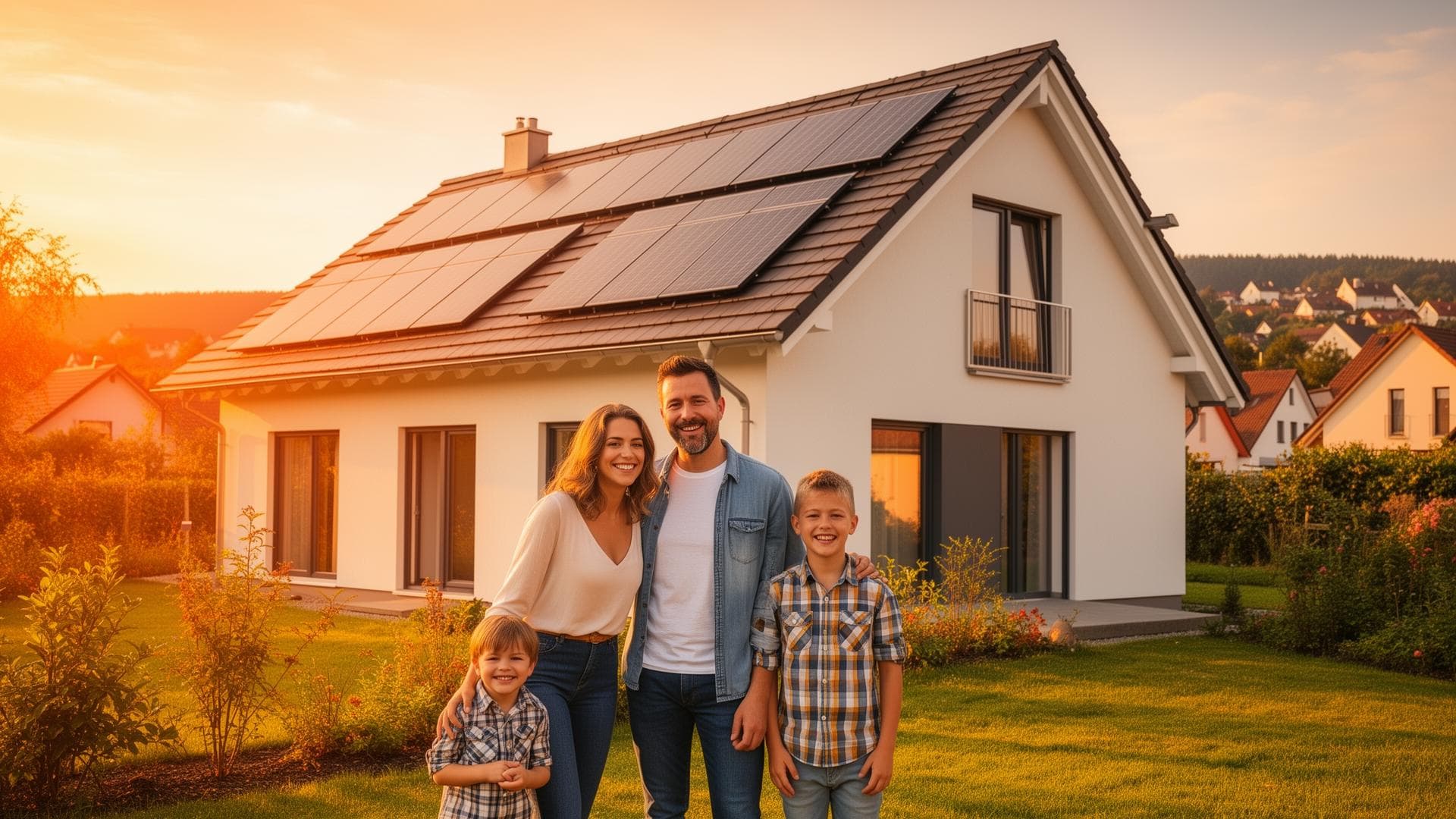 Familie vor Haus mit Solardach als Bildsprache für lokale Energiegemeinschaften